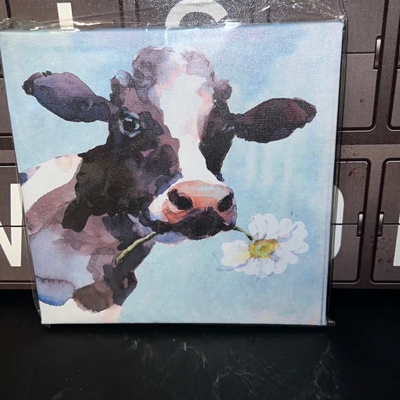New Cow with Flower in Mouth 8.5IN x 8.5IN Canvas Wall Art - Picture 1 of 3
